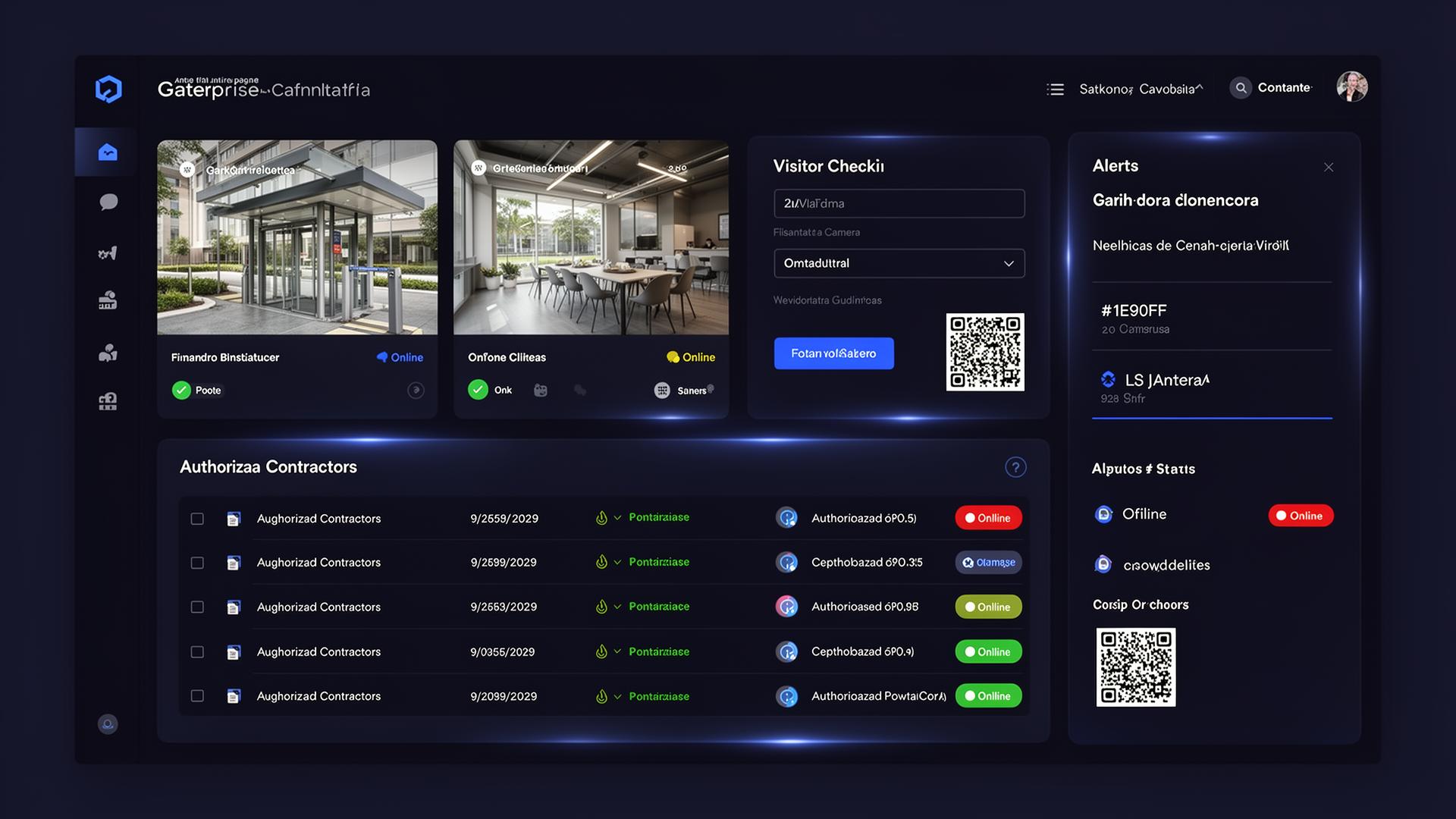 Tela do GuardAccess com câmeras, check-in de visitantes, contratados e alertas